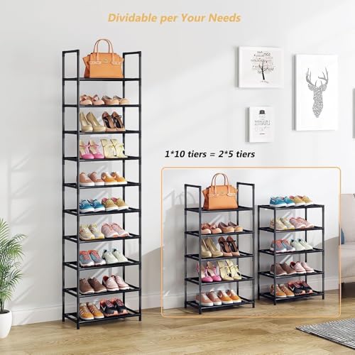 Last page® Shoe Rack 10-Tier Metal Narrow Shoe Organizer 20 Pairs Tall Shoe Storage Rack with Hook, Vertical Shoe and Boots Organizer, Shoe Shelf Organizer for Entryway Closet Hallway Black