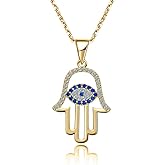SLOONG 925 Sterling Silver Evil Eye Hamsa Hand Necklace 14k Gold Plated Third Eye White Blue Cz Womens Pendant Necklace
