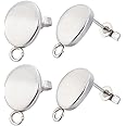 Beebeecraft 1 Box 100Pcs Flat Round Ear Studs Stainless Steel Geometry Earring Curved Oval Posts Studs with Loop Hole and Ear Nuts for Women Earring Making Supplies