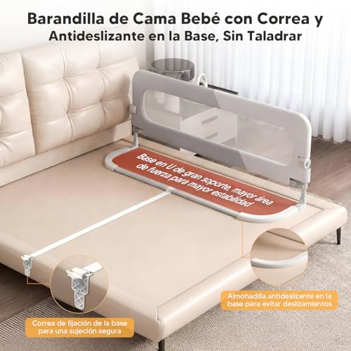 Garselay Barandilla para Cama de 1.5M，barandales para Cama Plegable，Altura Ajustable （66-78cm），Base en Forma de U y Correa de Fijación，para Todo Tipo de Colchones