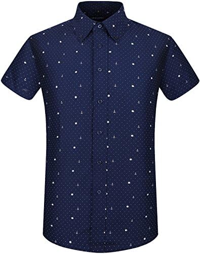 QIHUANG Sailor Elements Pattern Mens Casual Slim Fit Short Sleeve Plaid Printed Dress Summer Shirts (L, Dark Blue)