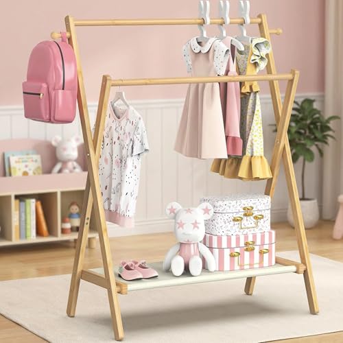 Homodoskey Kids Clothing Rack, Small Clothes Rack for Toddler Pets Dogs Cats, Kids Dress Up Rack with Storage Shelf & Double Rods, Foldable Kids Clothes Rack for Nursery Child's Room