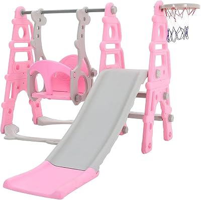 FUKEA 4-in-1 Baby Swing Slide Set Pink with Basketball Hoop 66lb Cap
