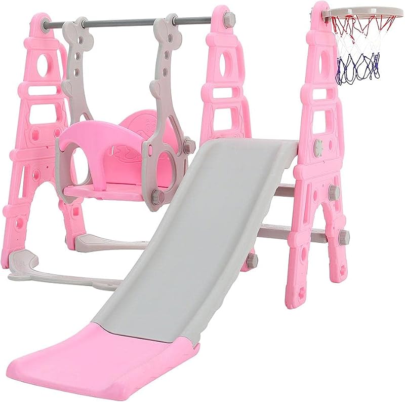 FUKEA 4-in-1 Baby Swing Slide Set Pink with Basketball Hoop 66lb Cap
