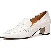 Womens Genuine Leather Pointed Toe Chunky Heels Loafer Shoes Classic Stylish Comfortable Slip-On Dress Pumps for Business Wedding Fomal Occasions