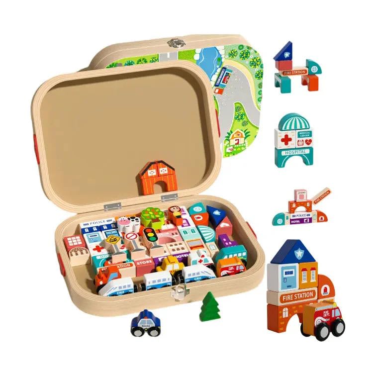 Wooden City Play Set with Storage Box, Educational Kids Toy, Road Map Design, Police Station, Fire Station, Buildings, Vehicles, 31.8cm x 5.8cm x 4cm