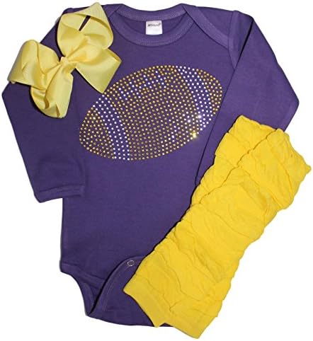 FanGarb Baby Girl's Purple &amp; Yellow Team Colored Rhinestone Yellow Football On a Purple Outfit (Yellow Bow, 3-6mo)