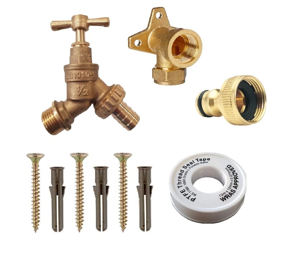 hep® Outdoor Garden Bib Tap Kit Inc. Wall Plate Elbow Fixing Screws with Wall Plugs Brass Tap Connector