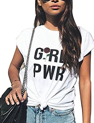 Tee Girl Power Print T Shirt Short Sleeve Rose Flower Hippie Tops White S