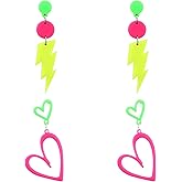 2 Pairs 80s 90s Neon Earrings for Women, Acrylic Retro Heart & Lightning Bolt Dangle Neon Earrings for 80s 90s Theme Party Accessories Glow Party Jewelry