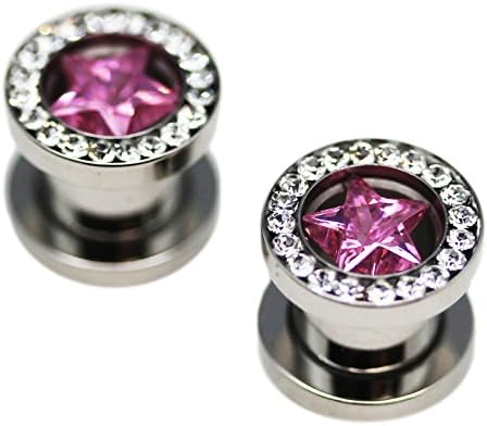 Stainless Steel Rhinestone Studded Outer Ring and Pink Star Screw On Plugs (0G)