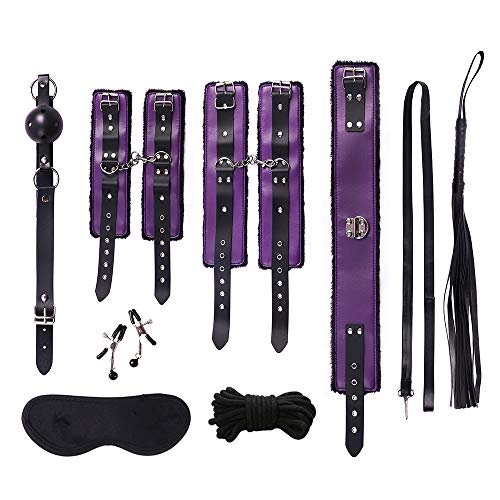 Couple Set Purple Plush 8Pcs Bundled Binding Suit Yoga Nylon Leather B`D`S-M Boňdàgé Gear Sēx Kit Hāndcuff Whip Blindfold SM Cosplay Queen Rëštrâîňtš for Partner Fun Toy Passionate Moment