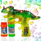 Toysery Dinosaur Bubble Shooter Gun Light Up Bubbles Blower with LED Flashing Lights and Sounds Dinosaur Toys for Kids, Boys and Girls.3 AA Batteries Included