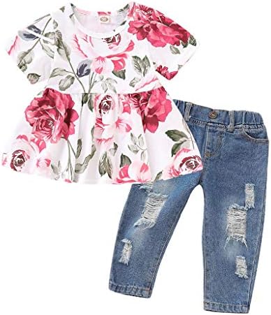 Cyhulu 2 Piece Newborn Infant Baby Girls Short Sleeve Floral Printed Dress Top Hole Denim Pants Toddler Kids Girls Outfits Set Clothes (White, 12-18 Months)