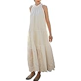 EVAZOU Women's Bohemian Maxi Dress, Summer White Halter Neck Sleeveless Embroidery Lace Beach Vacation Long Dress