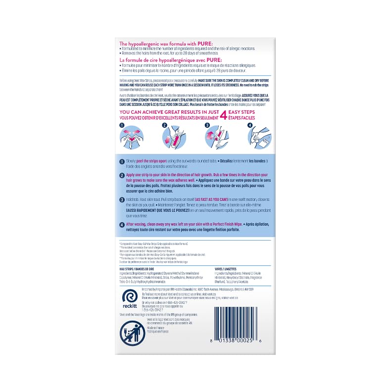 Veet PURE Legs & Body Wax Strips for Sensitive Skin, Cold Wax with Hypoallergenic Formula & Fewer Chemicals, Up to 28 Days of Smoothness, 40 Wax Strips + 4 Perfect Finish Wipes