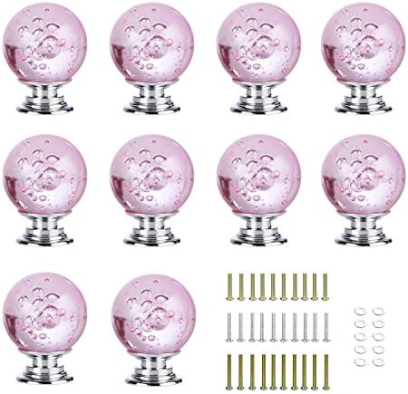 Pack of 10 Pink Crystal Glass Bubble Cabinet Knob Cupboard Drawer Pull Handle Rose Crystal Handles Pink for Kitchen Furniture Door Drawer Cabinet Dresser Closet Wardrobe Cupboard Bathroom