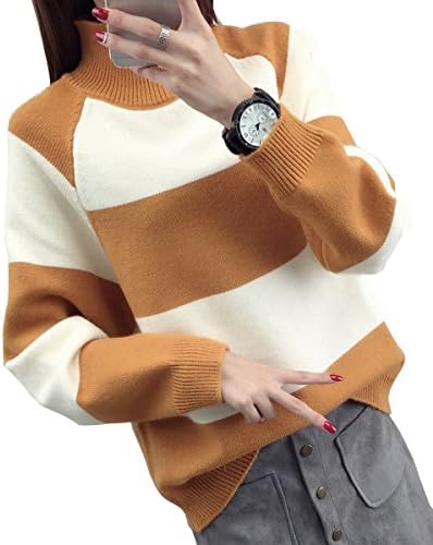 FOXSEN Womens' High Neckline Knit Stripe Sweater Pullover Yellow