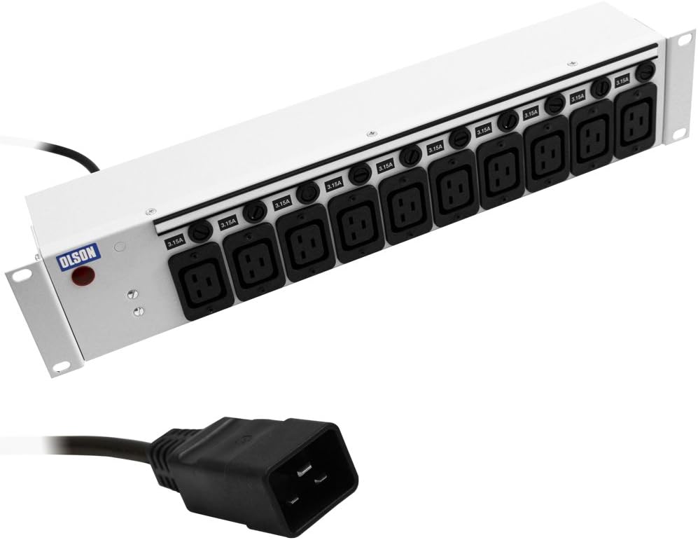 Olson Electronics PDU 10 Way 2U 19" 16A IEC 60320 C19 Neon Individually Fused | C20 Plug