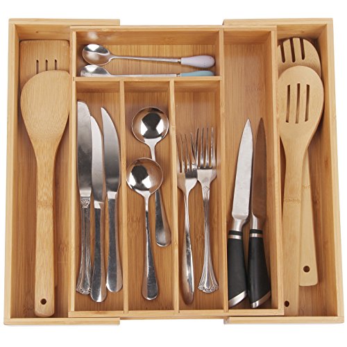 Bamboo Kitchen Drawer Organizer - Expandable Silverware Organizer Utensil Holder and Cutlery Tray with Grooved Drawer Dividers for Flatware and Kitchen Utensils