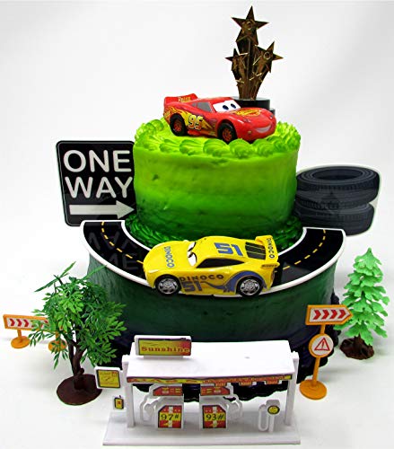 Cars 3 Birthday Cake Topper Set Featuring Lightning McQueen and Cruz Ramirez Figures with Decorative Themed Accessories