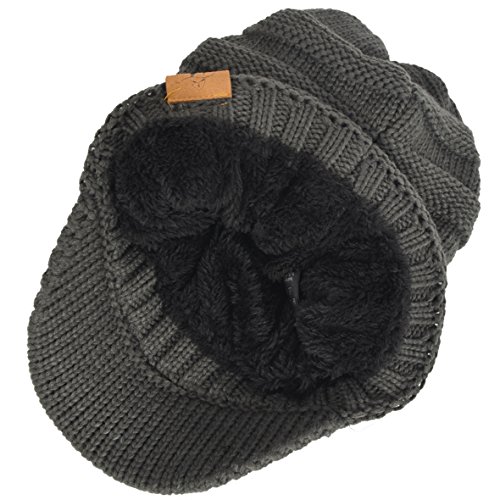 Mens Womens Thick Fleece Lined Knit Newsboy Cap Slouch Beanie Hat with Visor (Thick-Grey)
