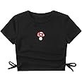 SHENHE Girl's Mushroom Print Short Sleev Crop Tops Ruched Drawstring Tee T Shirts