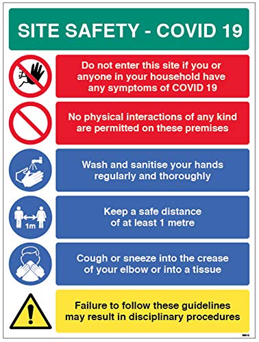 Site Safety COVID19 - no physical interactions, wash hands, 1 metre policy, use tissues - 4mm fluted 450x600mm
