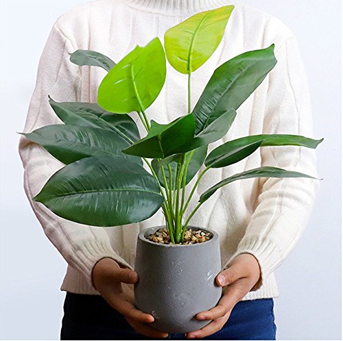 DODXIAOBEUL 17 inch Tropical Leaves Potted Artificial Simulation Tropical Oak Leaves Fake Plant Decorative Lifelike Flower Green Plants with Round Cement Pot (Green-B)
