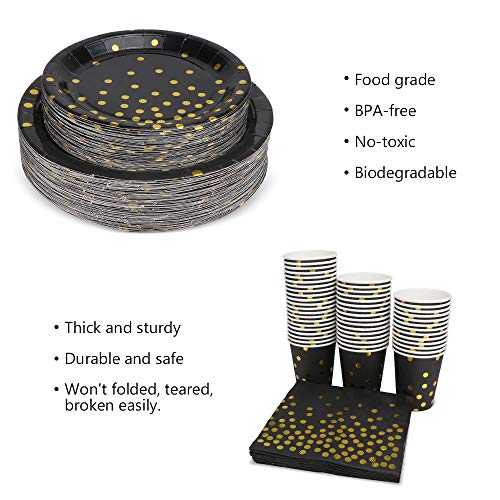 Black and Gold Party Supplies - 200PCS Disposable Black Paper Plates Dinnerware Set Gold Dots 50 Dinner Plates 50 Dessert Plates 50 9oz Cups 50 Napkins Wedding Birthday Party Baby Shower Christmas