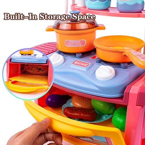 UNIH Kitchen Playset, Kids Play Kitchen for Toddlers Pink 3 4 5 6 7