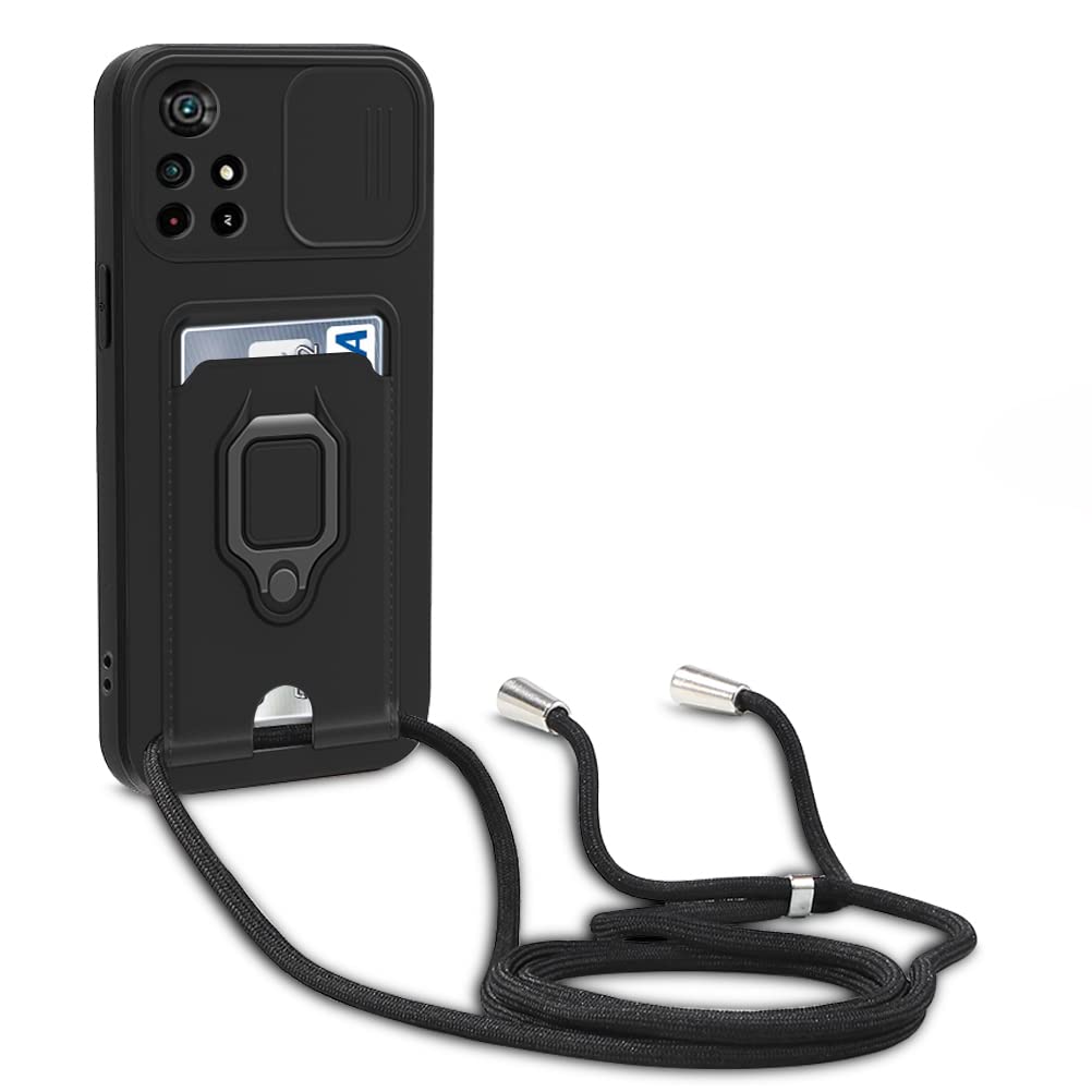 yanasuo Camera Protection Lanyard Phone Case for Xiaomi Poco M4 Pro 5G /Redmi Note 11 5G, Card Holder, Slide Camera Cover, Silicone Cord Strap rope Shell TPU Shockproof Bumper Cover-Black — image 1