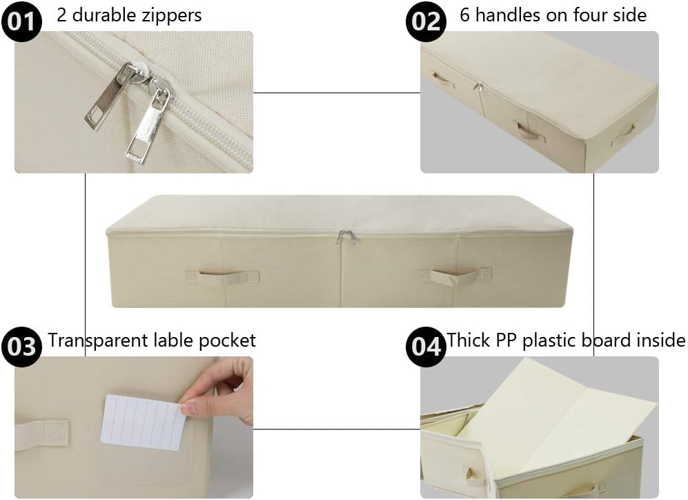 Amonsen 100X43X18cm, Ultra Large Underbed Storage Organizer Boxes with Lid, Rigid Folding Under Sofa Storage with 6 Handles, Beige - Image 4