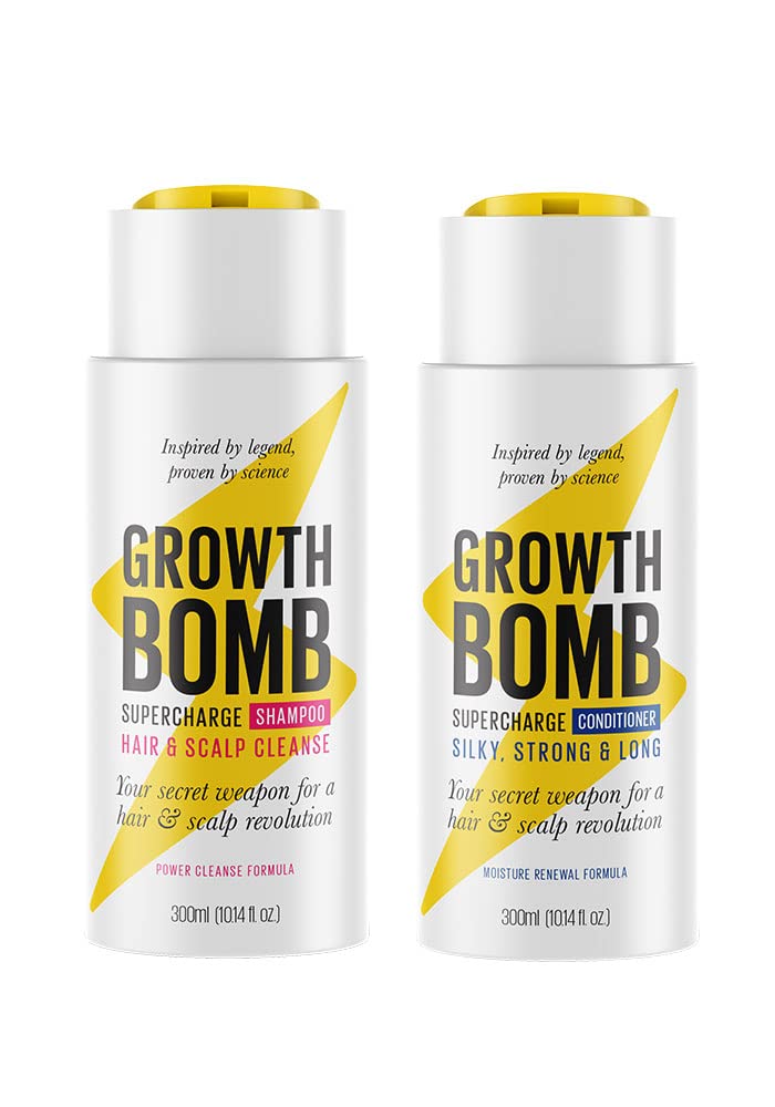 Growth Bomb Hair Growth Twin Pack - Supercharge Shampoo & Supercharge Conditioner. Hair and scalp revolution. Powered by YERBA MATΓ. Fuller, stronger and longer hair.