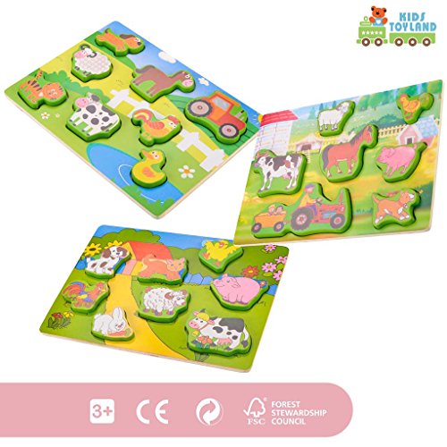 KIDS TOYLAND Wooden Puzzles for Toddlers World of Animals Farm - Educational Toys Suitable for Ages 3 Years and Up (3 Different Puzzle Sets)