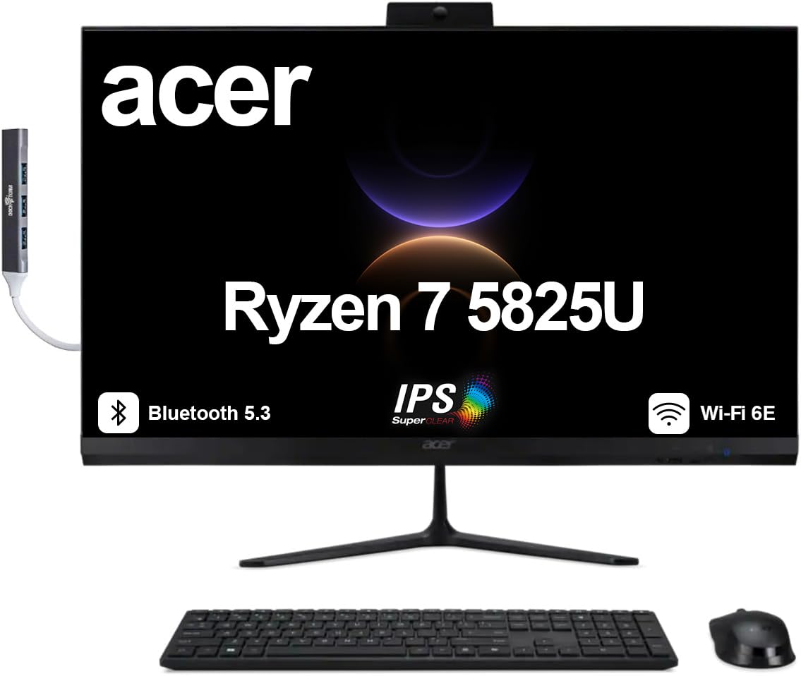 acer Aspire 27 All-in-One Desktop, 27" IPS FHD Display, AMD Ryzen 7 5825U (Ryzen 7 5000 Series), 16GB DDR4, 1TB SSD, Wi-Fi 6E, Webcam, Bluetooth 5.3, Windows 11 Home, with DKZ USB Port Expander