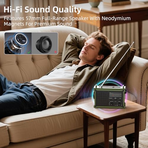 Solar Radio, AM/FM Crank Radio with 12000mAh Power Bank for Smart Phone Emergency Charging, 5 Charging Methods, Headphone Jack, SOS Alarm for Camping, Emergency