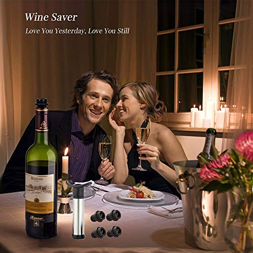 Vacuum Wine Saver Pump Preserver with 4 Vacuum Wine Stoppers, Black, Stainless Steel, Food Grade Material, Keep Wine Fresh and Flavorful for 14 Days