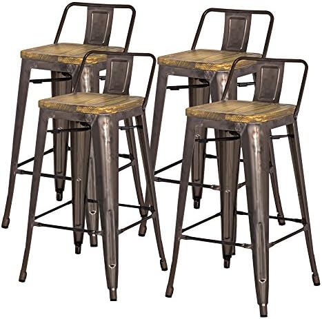 New Pacific Direct Metropolis Metal Low Back Bar Stool 30" Wood Seat,Gunmetal Gray,Set of 4