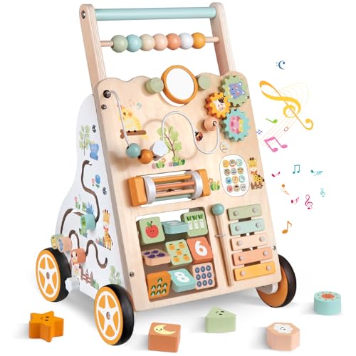 Weilim Wooden Baby Walker, 10-in-1 Montessori Push Walker for Toddlers 1+ | Activity Center with Xylophone, Shape Sorter, Gears | Adjustable Speed & Height | Natural Wood Learning Walking Toy