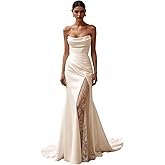 Memphty Strapless Satin Wedding Dresses for Bride Long Mermaid Slit Lace Beach Boho Bride Gowns with Train