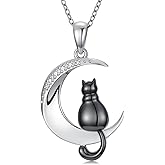 LWXIE Diamond Black Cat Necklace for Women 925 Sterling Silver Cat on the Moon Pendant Necklace with Lab Grown Diamonds Cute Animal Jewelry Gifts for Women Her Cats Lovers