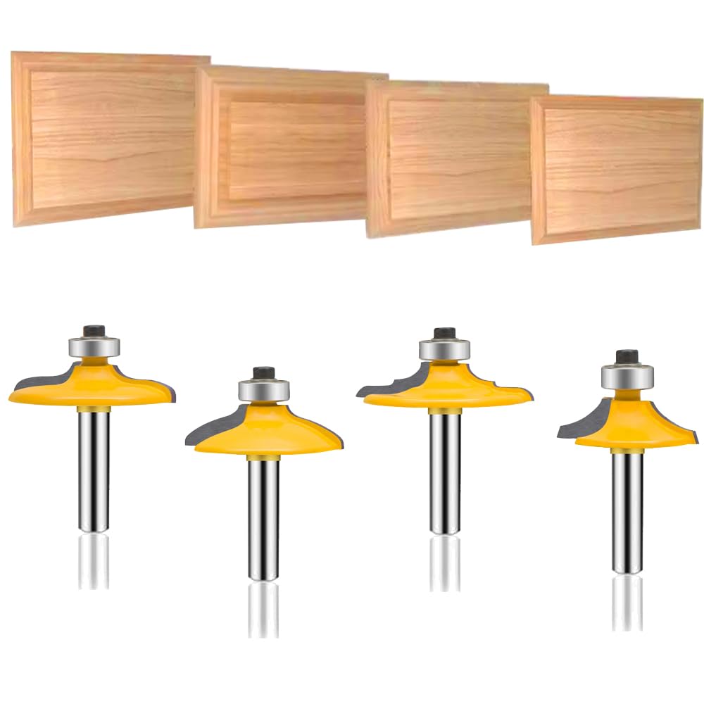 LEATBUY 1/4-Inch Shank Router Bit Set 4 PCS, Round Over Raised Panel Cabinet Door Ogee Rail and Stile Router Bits, Woodworking Wood Cutter, Table Carbide Groove Tongue Milling Tool(1/2-Single)