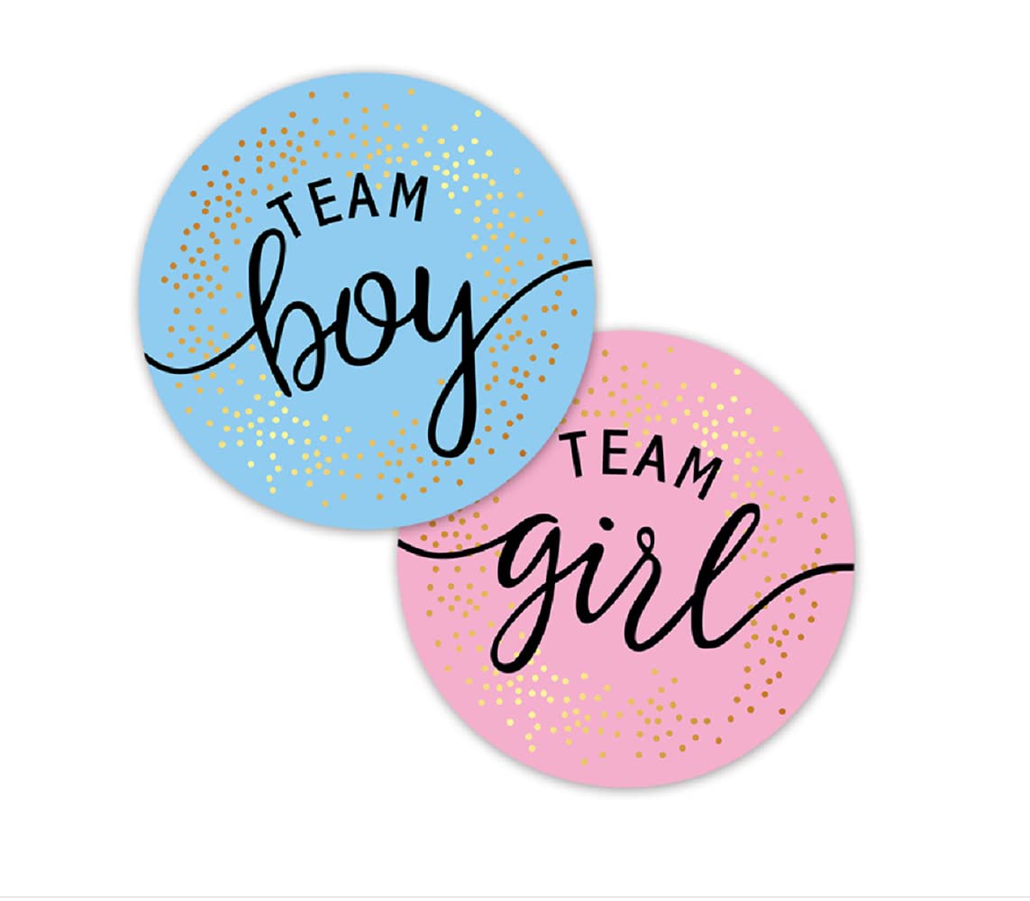 Gender Reveal Stickers for Party Invitations and Voices Games, 120 Pieces Team Boy and Team Girl Labels with Gold Foil for Reveal Parties and Baby Showers (Pink, Blue)