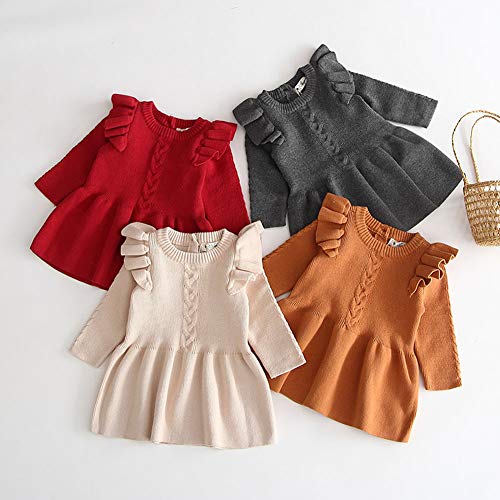 mlpeerw Toddler Baby Girl Knitted Dresses Kids Solid Ruffle Long Sleeve One Piece Dress Fall Winter Warm Sweater Outfits (Yellow,2-3T) - Thumbnail 3