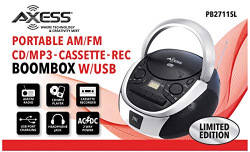 Axess Top-Loading Portable Boombox CD/MP3 USB-Charging MP3 Playback AM/FM Radio Cassette Player, and Recorder Boombox Home Audio, Aux, Headphone (Silver/Black) - Thumbnail 4