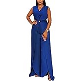 Women Dressy Jumpsuits Formal Casual V Neck Button Front Split Wide Leg Jumpsuit Romper Fall Outfits