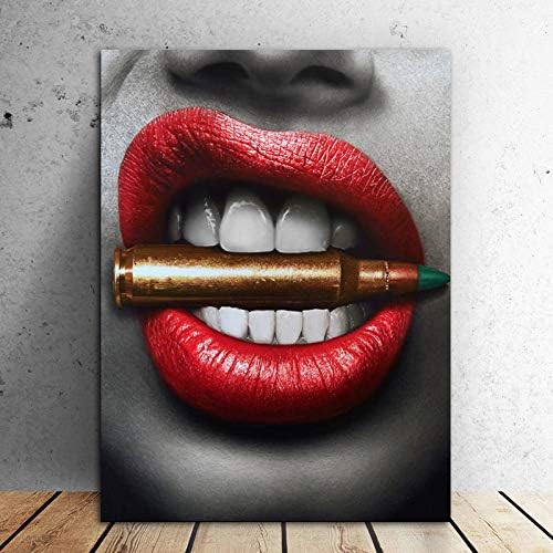 Faicai Art Sexy Red Lips With Bullet Canvas Art Prints Modern Home Decor Paintings Printed Oil Paintings On Canvas Wall Art for Living Room Office Bar Creative Ideal Gifts Wooden Framed 24x36 inch