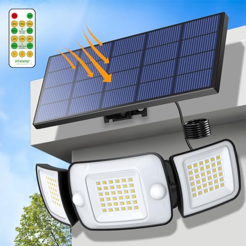 intelamp Solar Lights Outdoor with Remote Control, 2.7 Cable | Solar Sensor Lights with Dual Sensors 1200LM Waterproof Flood Lighting for Yard, Garage, Garden