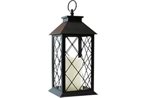 Bright Zeal 13.5" Black Vintage Candle Lantern with LED Pillar Candle and Timer - IP44 Waterproof Candle Lantern Battery Operated Hanging Lantern Porch Light - Tabletop Lantern Decorative Outdoor